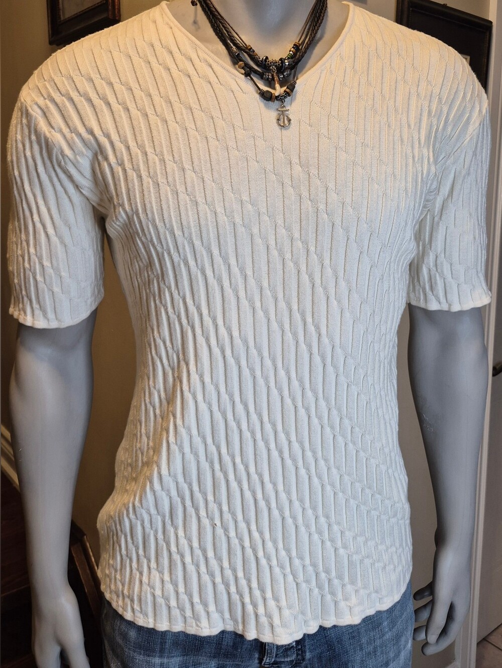 Armani Ivory Cable Knit Short Sleeve Sweater